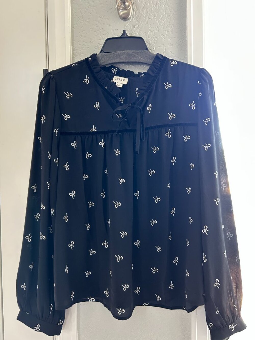 J.Crew Black Embroidered Bow Tie Neck Blouse Velvet Trim Large